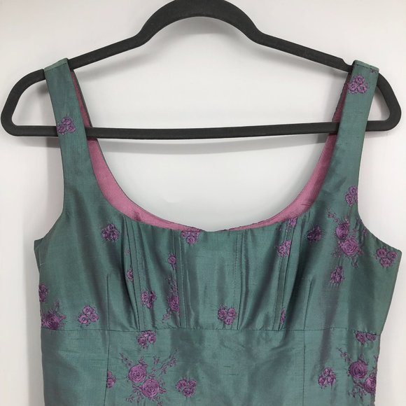 Nanette Lepore Rare Vintage Green Shimmer w/ Pink Floral Embroidery Silk Dress - Picture 6 of 14